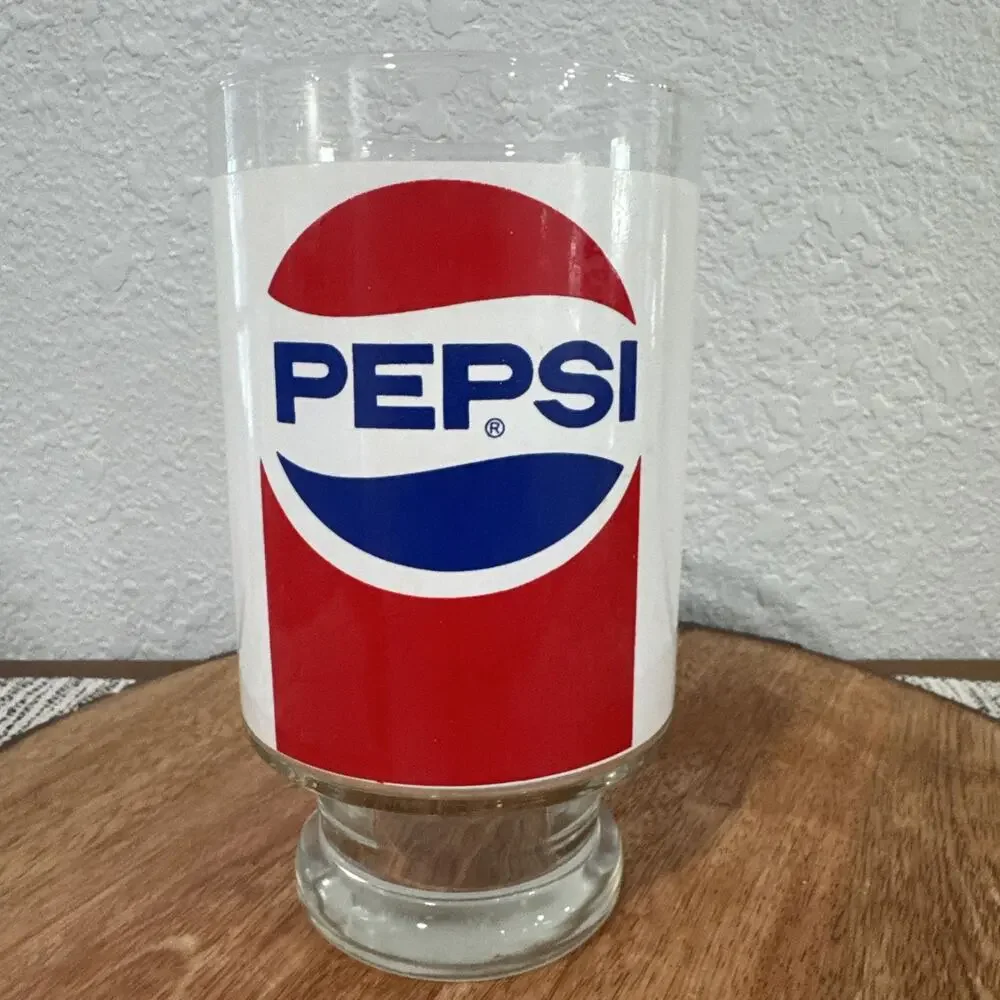 VTG Pepsi Cola Large Pedestal Drinking Tumbler Glass Clear Blue Red Pedestal Cup
